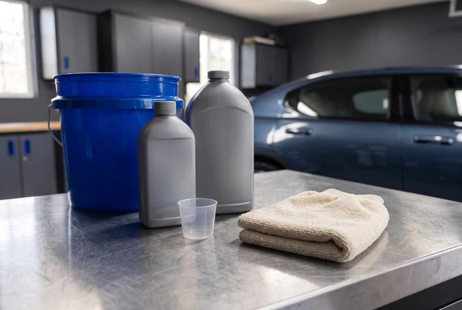 Two shampoo bottle sizes beside an empty dosing cup and wash mitt.