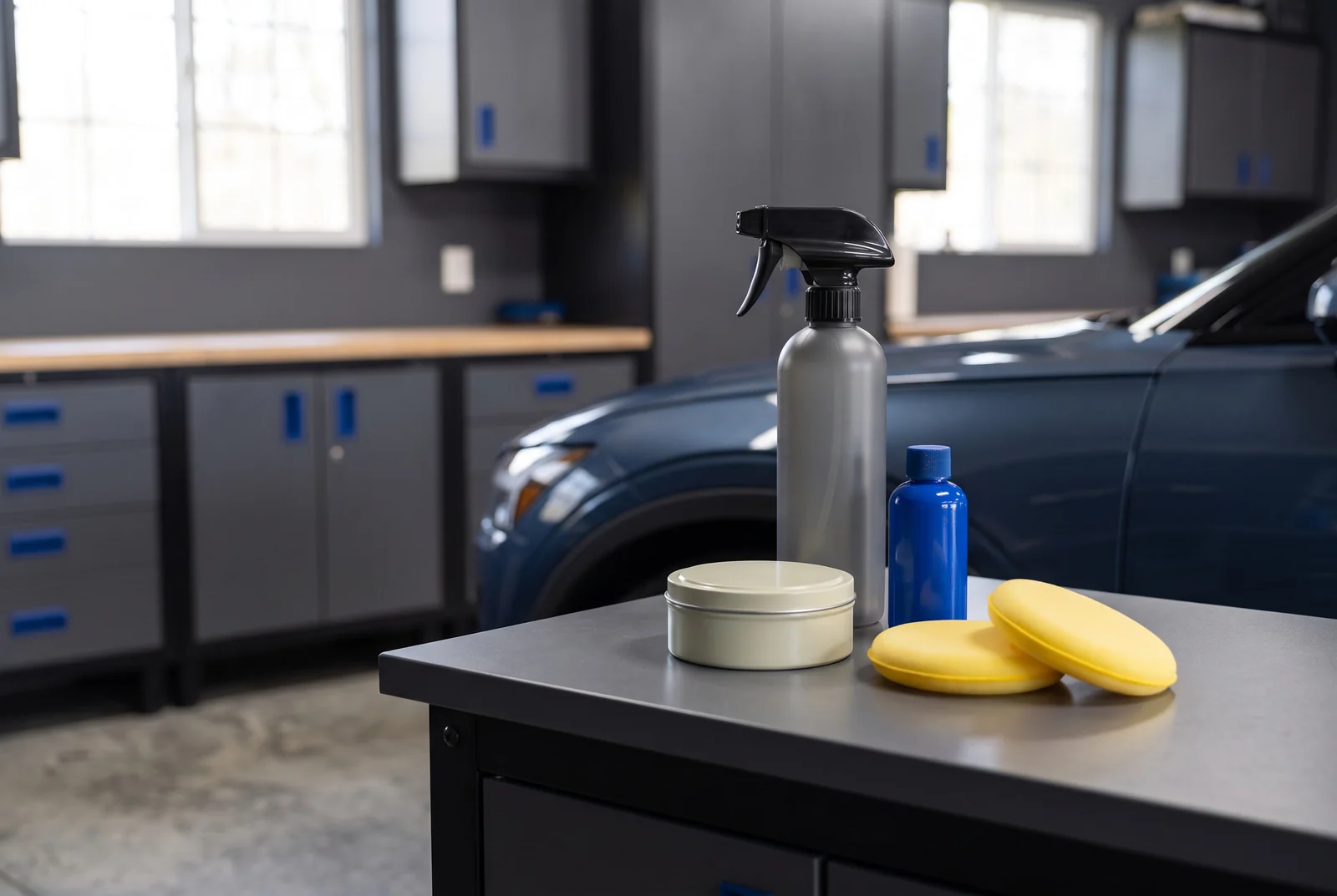 Plain car-protection containers and foam applicators on a workbench.