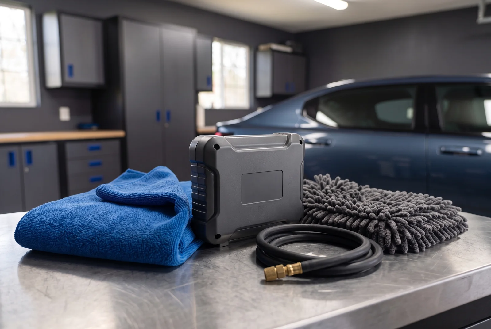 An inactive portable tyre inflator with a disconnected hose beside a car wheel.