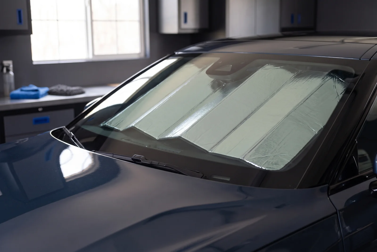 A plain folding silver sunshade inside a parked navy car.