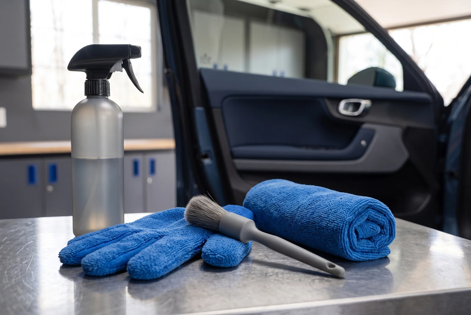A spray bottle, soft detailing brush and blue cloths beside an open car door.