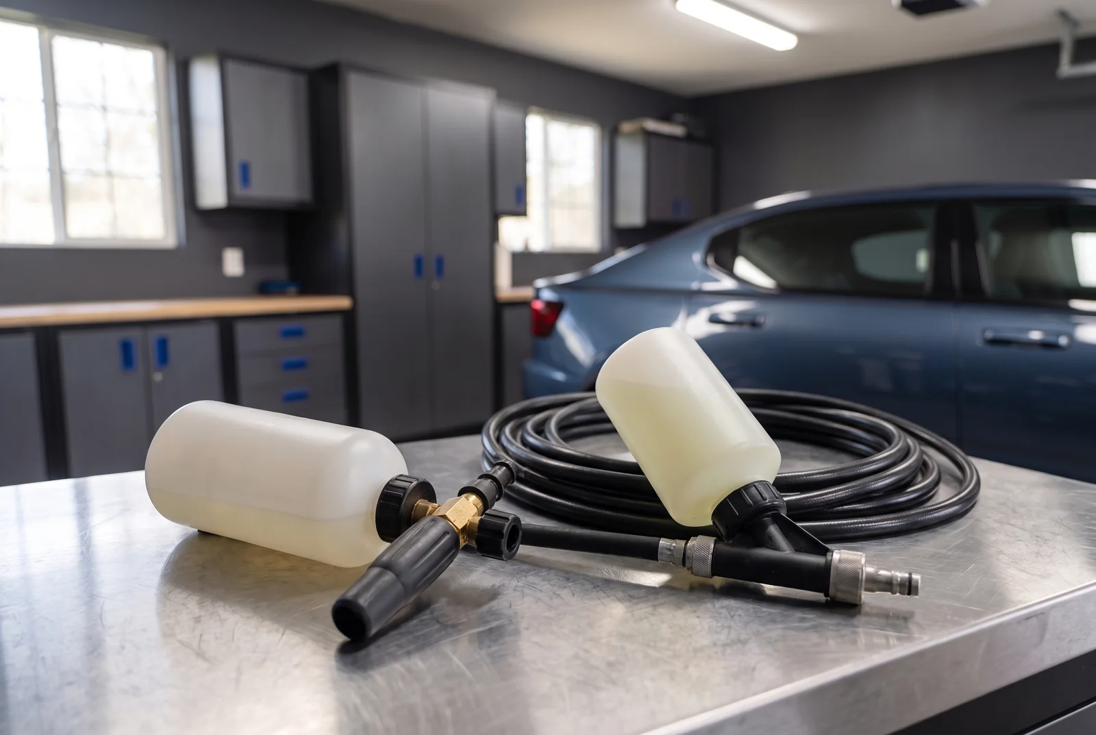 A foam cannon and hose-fed foam gun resting disconnected on a workbench.
