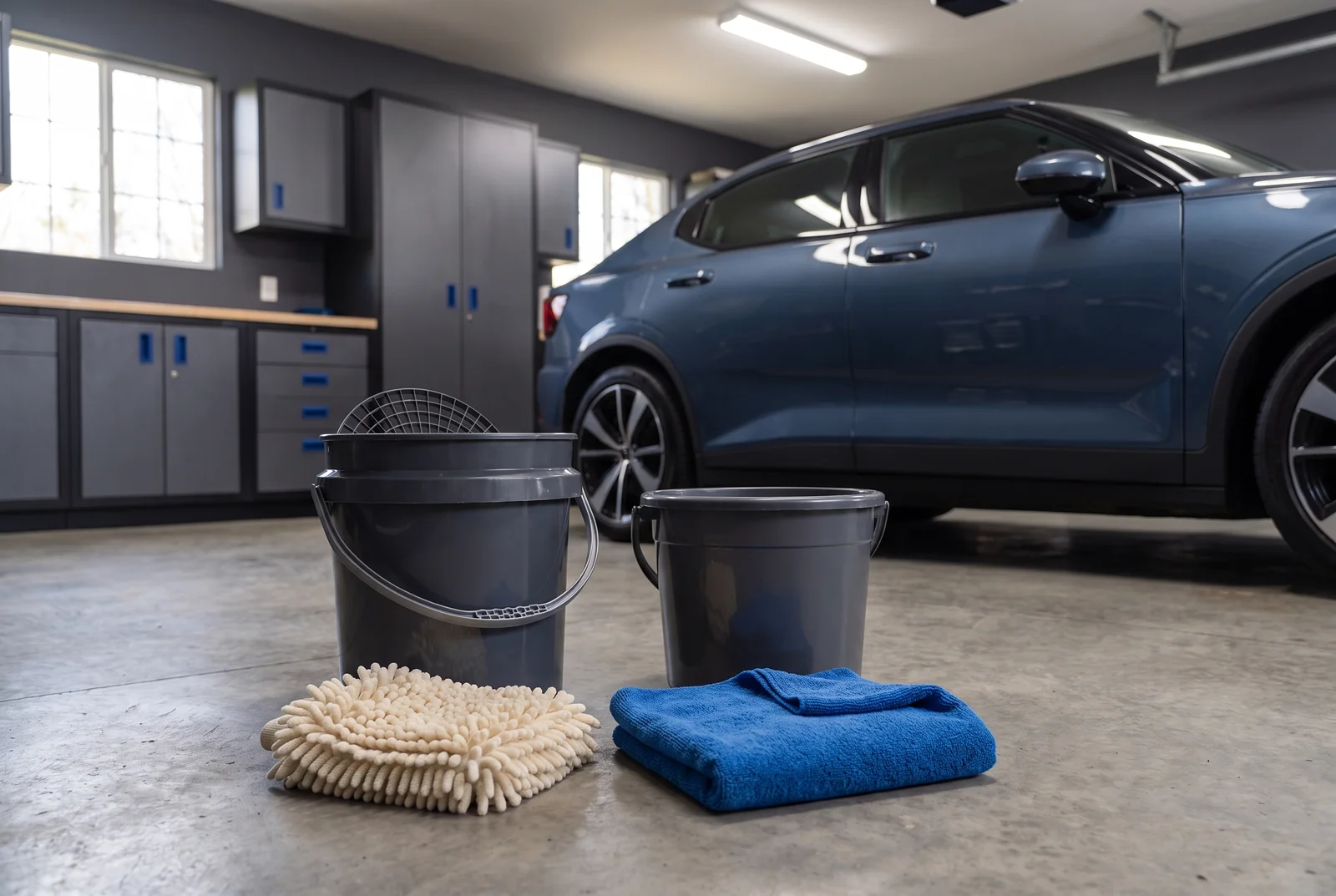 Two wash buckets, a microfiber mitt and drying towel beside a navy car.