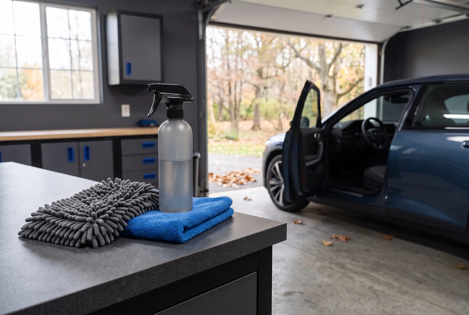 A navy car and small care kit in a garage looking onto autumn leaves.