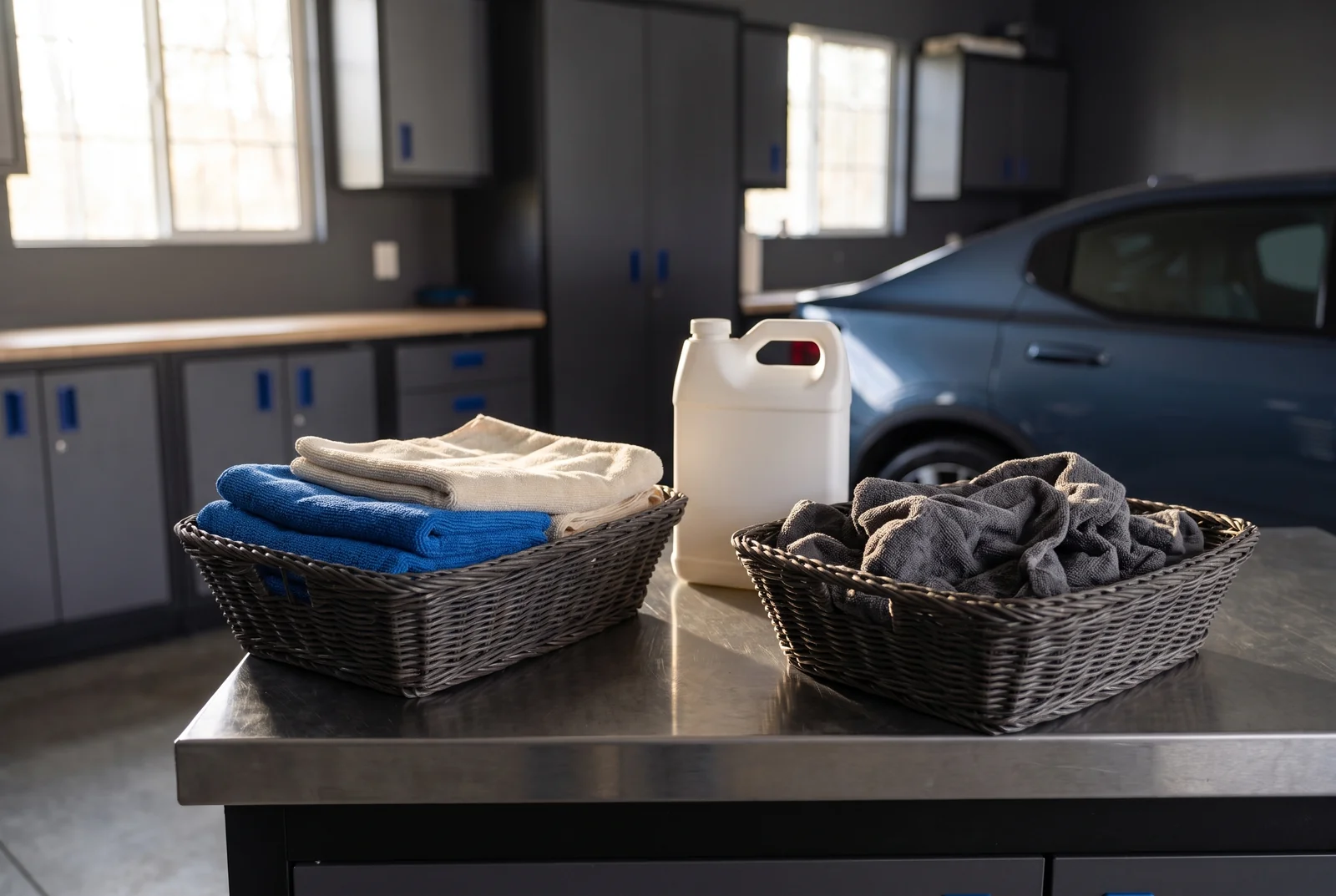 Clean folded microfiber towels and used utility towels in separate baskets.
